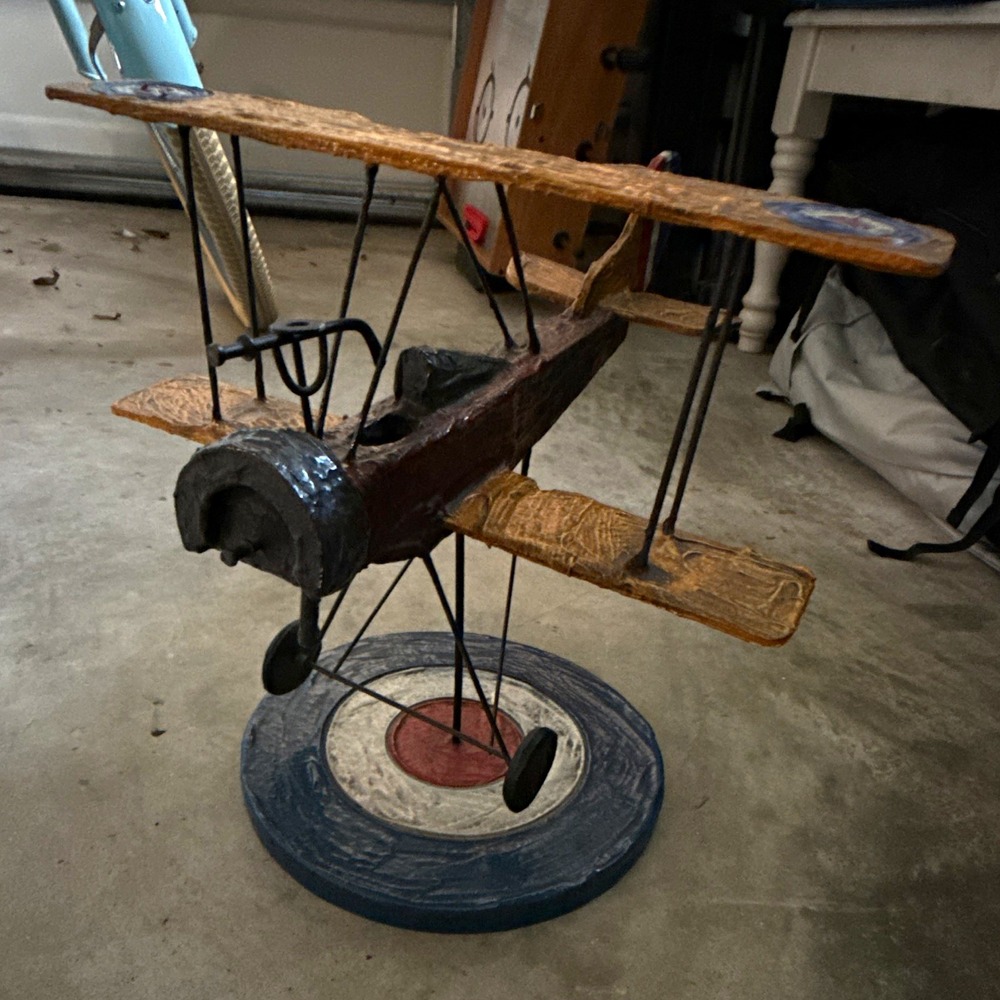 Handmade Wooden Biplane Airplane Model, Pre-Built, Display Stand Included